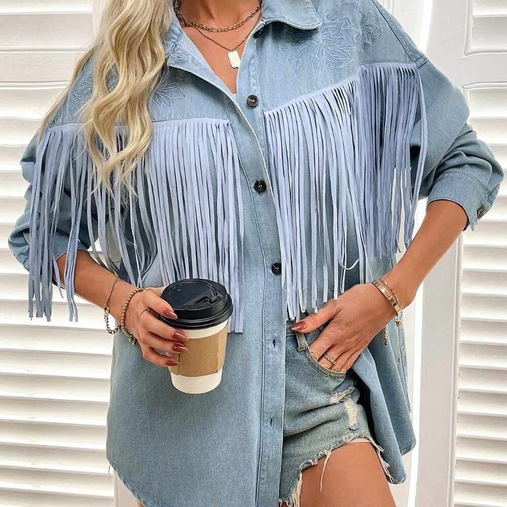 Light Wash Casual Women's Fringe Decorated Denim Jacket - Picture 6 of 6